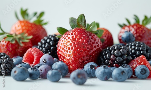 Mix of red fruits blackberries blueberries and strawberries on white background, Generative AI