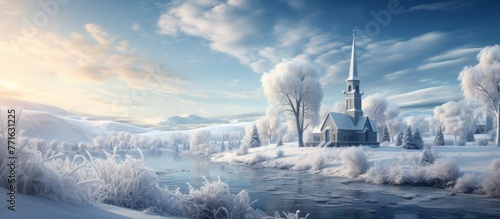 Amidst a vast snowy landscape, a church stands proudly with snowcovered roofs, surrounded by white Cumulus clouds and a serene sky © AkuAku
