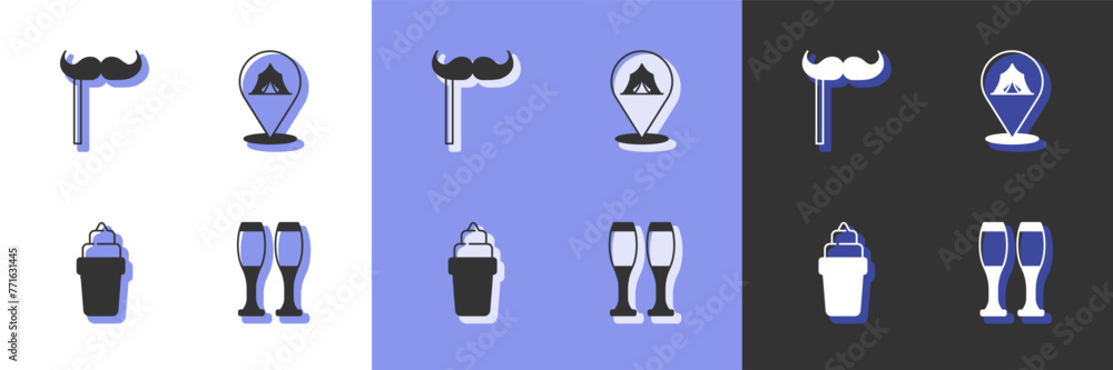 Set Bowling pin, Paper mustache on stick, Ice cream waffle and Circus tent icon. Vector Set Bowling pin, Paper mustache on stick, Ice cream waffle and Circus tent icon. Vector