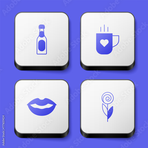 Set Champagne bottle, Coffee cup and heart, Smiling lips and Flower icon. White square button. Vector