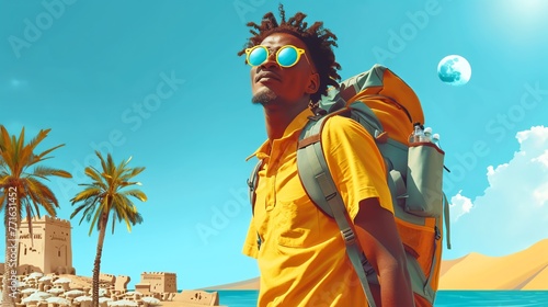 Adventurous Black traveler exploring ancient ruins diversity in landscapes and cultures backpack slung over their shoulder horizon wide open photo