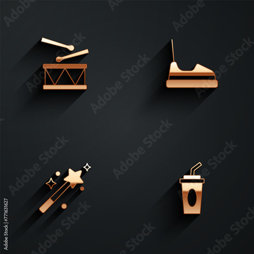 Set Drum with drum sticks, Bumper car, Magic wand and Paper glass water icon with long shadow. Vector
