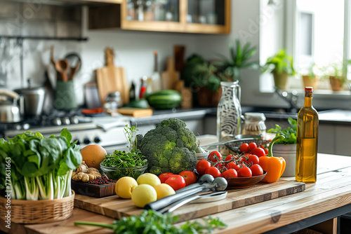Healthy meal, surrounded by fresh vegetables and nutritious food in a bright kitchen.