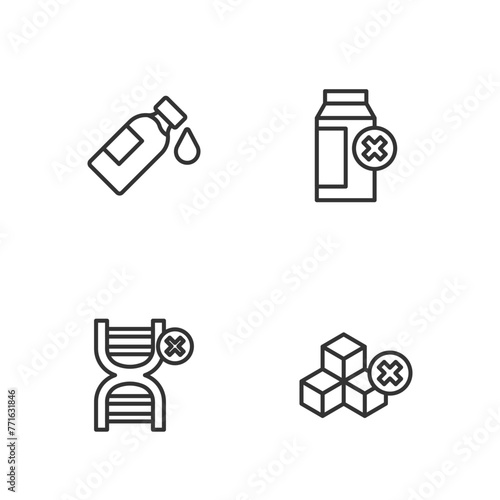 Set line No sugar free, GMO, Bottle of water and Lactose intolerance icon. Vector