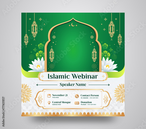Green Islamic Seminar and Webinar Instagram Feed Post Design Template for Islamic Teaching and Lecturing	
