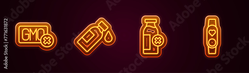 Set line No GMO, Bottle of water, Lactose intolerance and Smart watch with heart. Glowing neon icon. Vector