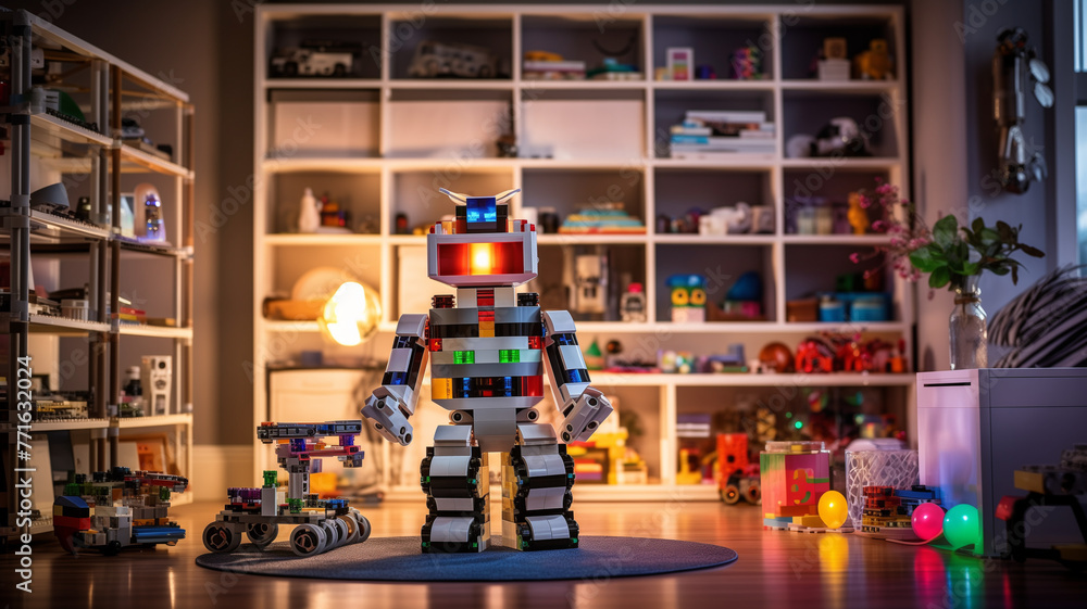 robot and toys at children´s playroom - obrazy, fototapety, plakaty 