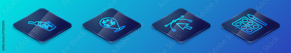 Set Isometric line Bezier curve, Paint bucket with brush, Watercolor paints box and spray icon. Vector Set Isometric line Bezier curve, Paint bucket with brush, Watercolor paints box and spray icon. Vector