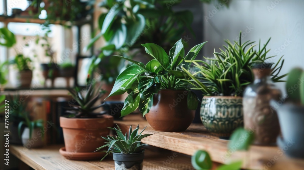Wooden Shelf Overflowing With Potted Plants Wooden Shelf Overflowing With Potted Plants