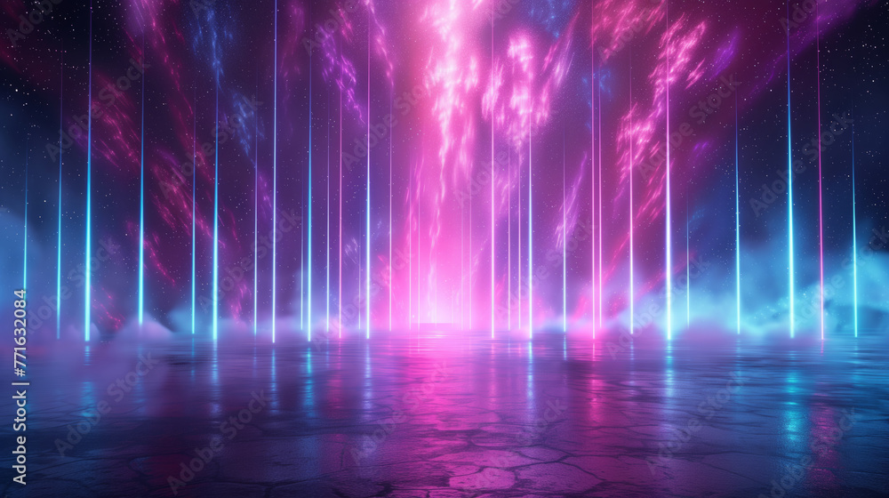Empty black glossy floor on abstract futuristic neon background with glowing ascending lines, blue purple glowing color Empty black glossy floor on abstract futuristic neon background with glowing ascending lines, blue purple glowing color