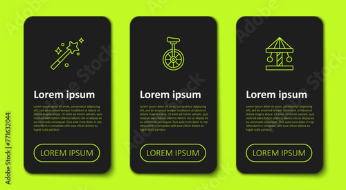 Set line Magic wand, Unicycle and Attraction carousel. Business infographic template. Vector