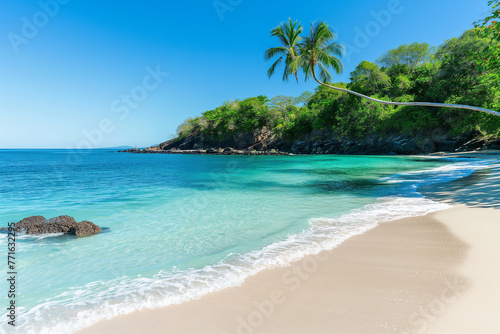 Serene tropical beach with turquoise water, white sandy shore, palm trees, and a clear blue sky, perfect vacation destination.