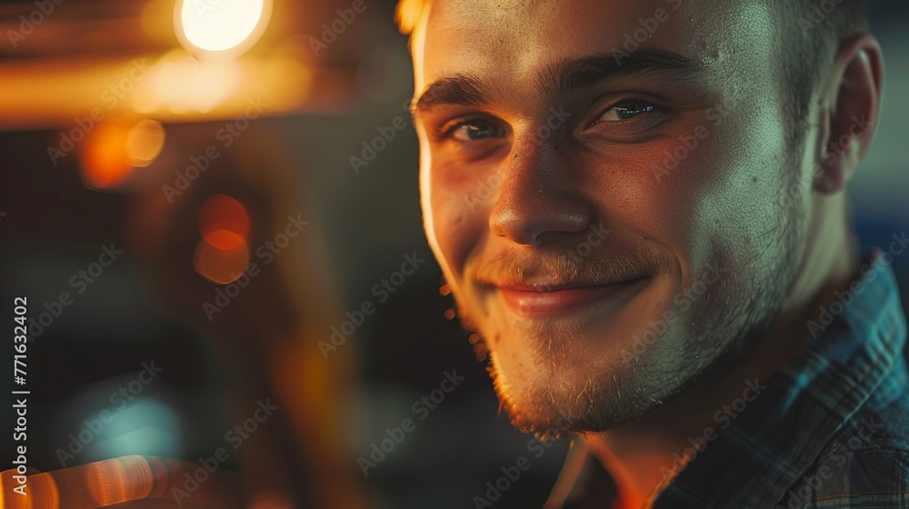 Confident Smile Focus on the face of a young mechanic, illuminated by the glow of a work light, with a confident smile that radiates competence and professionalism Confident Smile Focus on the face of a young mechanic, illuminated by the glow of a work light, with a confident smile that radiates competence and professionalism