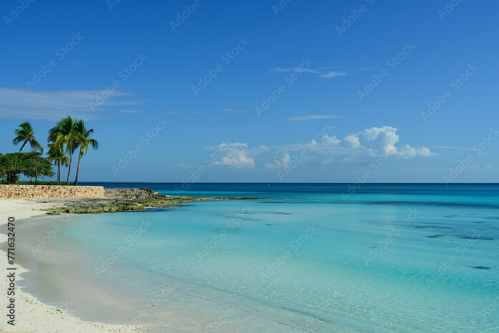 Serene tropical beach with turquoise water, white sandy shore, palm trees, and a clear blue sky, perfect vacation destination.