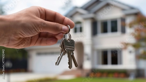 Key Presentation Zoom in on the real estate salespersons hand holding out a set of house keys towards the camera, with the house in the background The closeup captures the moment of key handover photo