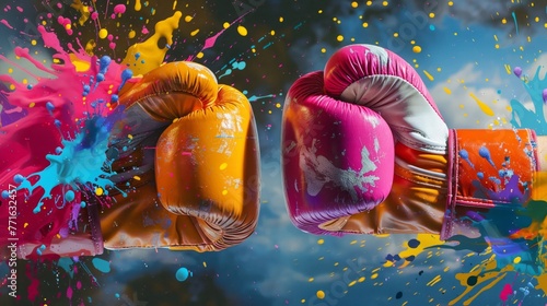 Surreal boxing match with unreal oversized gloves pop art style explosions of color in every punch