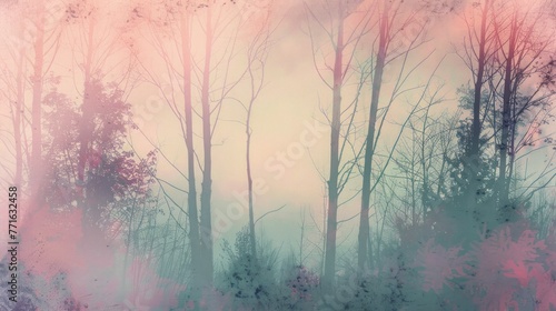 Ethereal pastel-hued forest with silhouetted trees shrouded in a foggy mist, imbuing the scene with a dreamy, tranquil atmosphere.