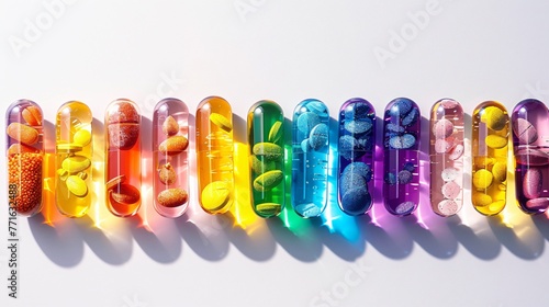 Assorted vitamin capsules making a rainbow symbolizing the variety of nutrients essential for health vibrant against white photo