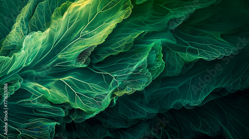 ethereal close-up view of leaves with a luminous network of veins in shades of green for background.