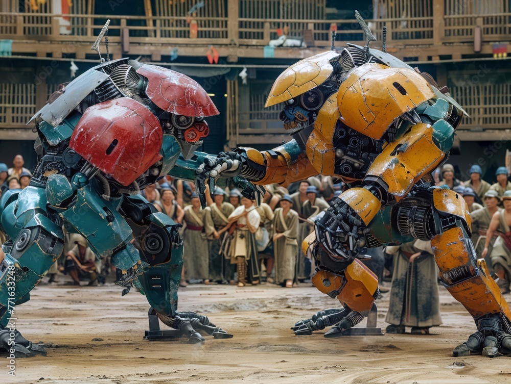 Sumo engaging in a ritual with robotic opponents strength and tradition Sumo engaging in a ritual with robotic opponents strength and tradition