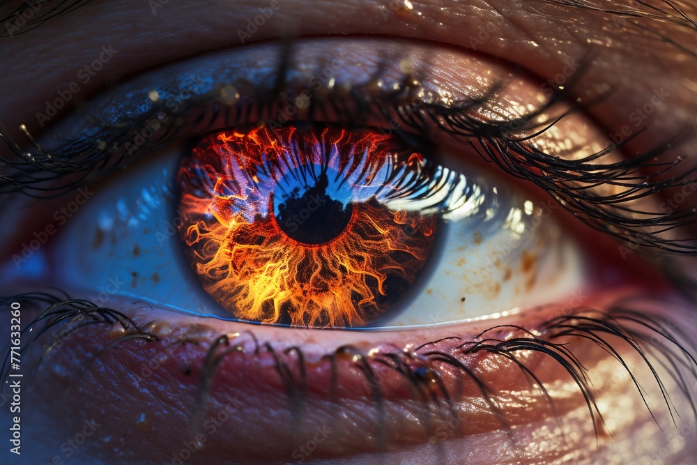 Close up of a human eye with a reflection of fire - obrazy, fototapety, plakaty 