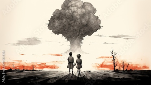 Illustration of two young children from behind looking at a nuclear explosion in the distance photo