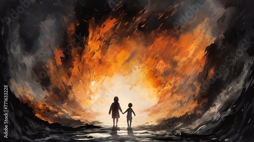 Silhouette from behind of two children holding hands walking towards a landscape on fire photo