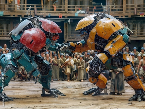 Sumo engaging in a ritual with robotic opponents strength and tradition photo