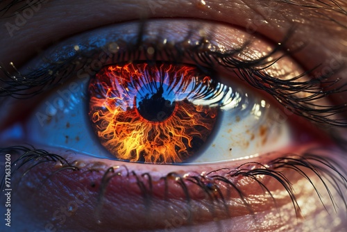 Close up of a human eye with a reflection of fire photo