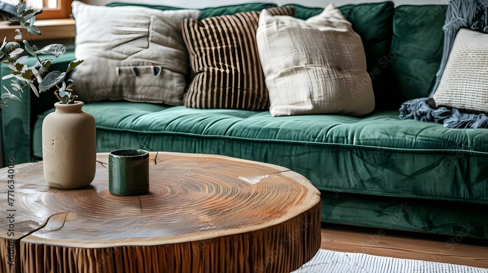 Close up of green sofa with pillows and rustic round coffee table near it. Boho, farmhouse home interior design of modern living room.
Close up of green sofa with pillows and rustic round coffee table near it. Boho, farmhouse home interior design of modern living room.