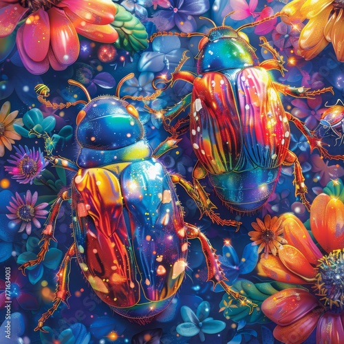 Kaleidoscopic Beetles and Floral Symphony