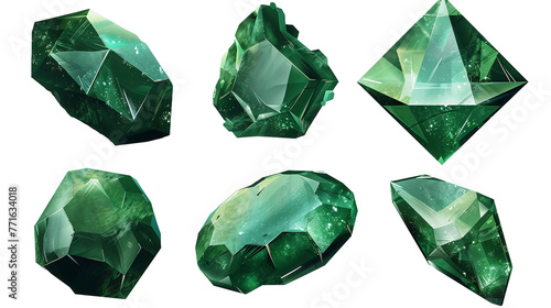 emerald digital art collection featuring high-quality 3D gemstones isolated on a transparent background, perfect for luxurious jewelry designs and elegant decorative projects.