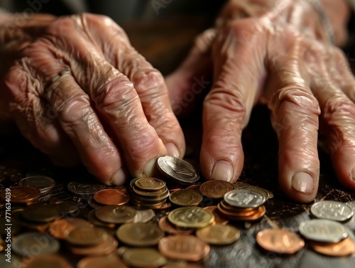 Elderly hands counting coins, lifes savings dwindling, choices forced