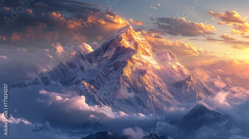 A mountain range with a large peak in the background. The sky is cloudy and the sun is setting