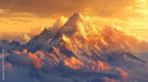 The mountain range is covered in snow and the sun is setting behind it. The sky is orange and the clouds are white