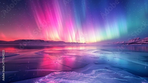 A beautiful  colorful aurora borealis lights up the sky above a frozen lake. The sky is filled with a variety of colors  including pink  purple  and blue. The scene is serene and peaceful