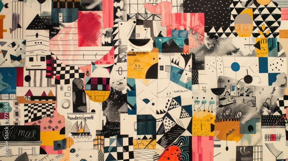 Fototapeta premium Abstract geometric mural with mixed patterns, colors, and some text elements; modern, visually dynamic street art installation.