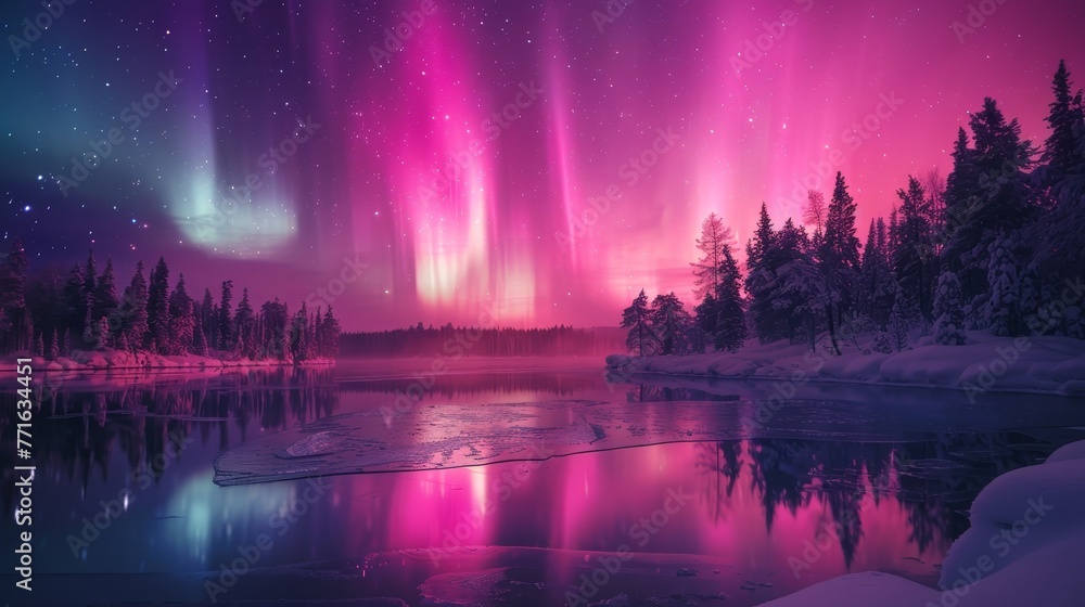 A beautiful, serene scene of a lake with a pink and purple sky in the background. The sky is filled with auroras, creating a magical and peaceful atmosphere. The lake is surrounded by trees A beautiful, serene scene of a lake with a pink and purple sky in the background. The sky is filled with auroras, creating a magical and peaceful atmosphere. The lake is surrounded by trees