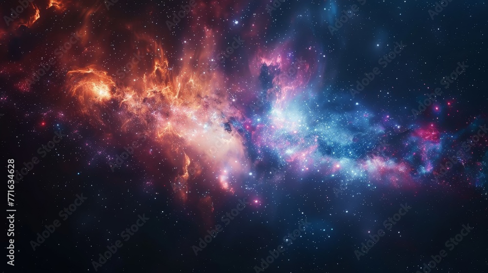 A colorful galaxy with a red and orange cloud in the middle. The stars are scattered throughout the galaxy, with some closer to the foreground and others further away. Scene is one of wonder and awe
