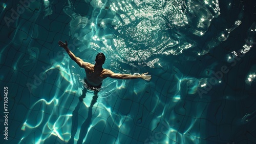 A man is swimming in a pool of water, surrounded by blue tiles. He is moving his arms and legs to propel himself through the water