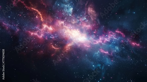 A colorful galaxy with a bright blue star in the center. The stars are scattered throughout the galaxy, with some closer together and others further apart. The galaxy appears to be in motion