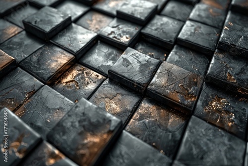 Close-up view of multiple textured black cubes arranged neatly on a surface, with a focus on their unique textures and patterns
