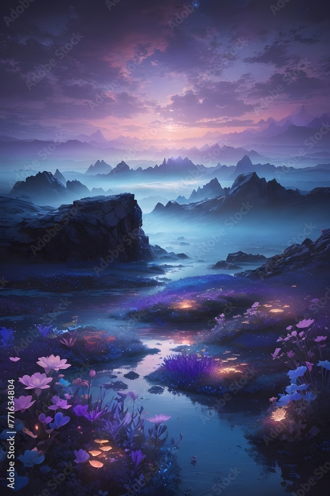 Generate an enchanting and surreal depiction of a world locked in perpetual twilight. Picture a captivating landscape where the boundaries between day and night blur into an everlasting twilight. The 