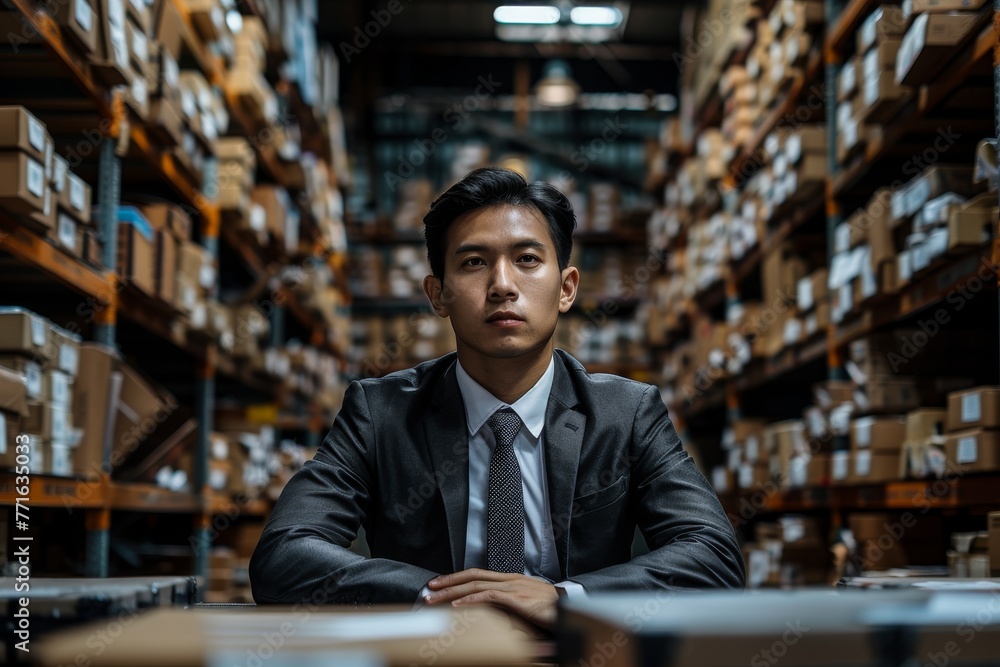 Serious young man posing confidently in a warehouse setting, reflecting logistics and organization Serious young man posing confidently in a warehouse setting, reflecting logistics and organization