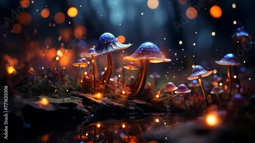 Obraz Magic psychedelic mushrooms in the magic fairy forest. Wonder psy woodland Generative AI fantasy