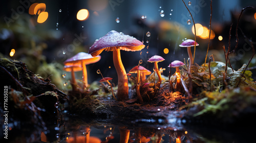 Magic psychedelic mushrooms in the magic fairy forest. Wonder psy woodland Generative AI fantasy