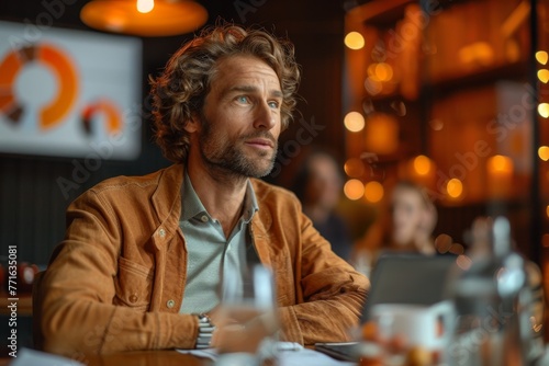 Pensive mature businessman engaged in thought at a cafe, exuding experience and contemplation photo