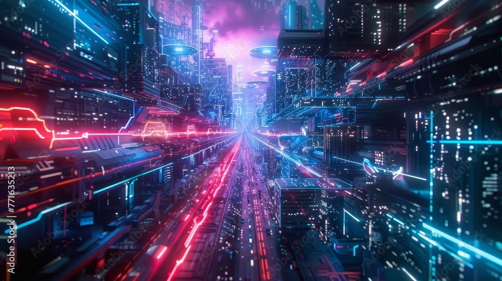 A futuristic cityscape with neon lights and buildings. The city is filled with a sense of energy and excitement, as if it is a place where anything is possible