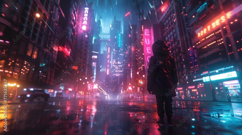 A person is standing in the rain in a city with neon signs and buildings. The scene is a futuristic cityscape with a neon sign that says 