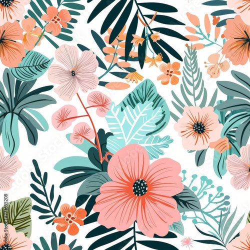 Bright colorful flowers and green leaves scattered on a plain white background  creating a vibrant and cheerful display